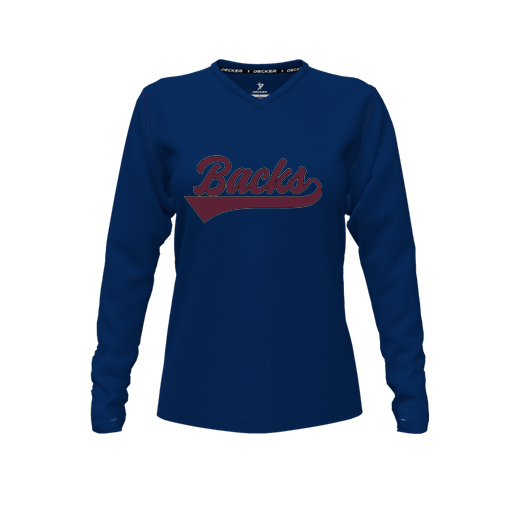 [FTLVCFNV-FYXS-LOGO3] Decker Comfort T-Shirt (Female Youth XS, Navy, V Neck, Logo 3, Long Sleeve)