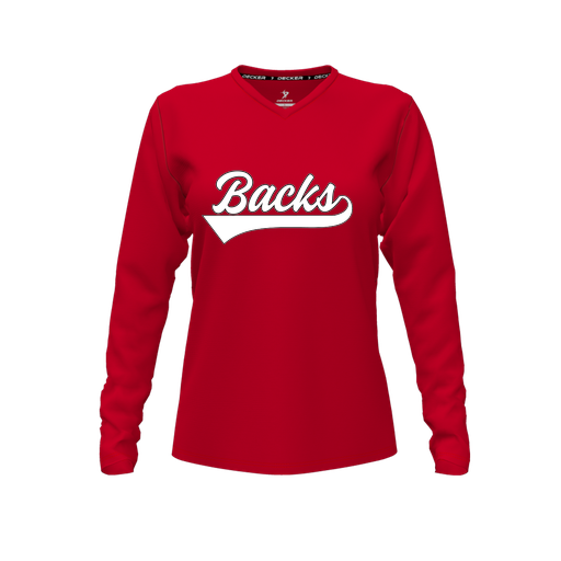 [CUS-DFW-TEES-PER-VNK-LSL-RED-FYXS-LOGO1] Performance T-Shirt (Female Youth XS, Red, V Neck, Logo 1, Long Sleeve)