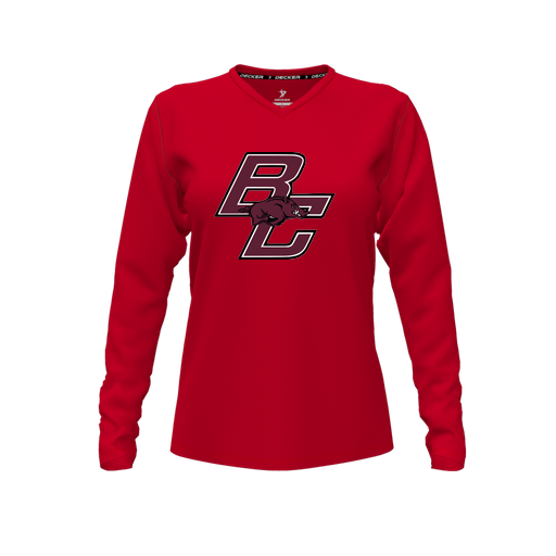 [CUS-DFW-TEES-PER-VNK-LSL-RED-FYXS-LOGO2] Performance T-Shirt (Female Youth XS, Red, V Neck, Logo 2, Long Sleeve)