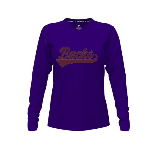 [CUS-DFW-TEES-PER-VNK-LSL-PUR-FYXS-LOGO3] Decker Performance T-Shirt (Female Youth XS, Purple, V Neck, Logo 3, Long Sleeve)